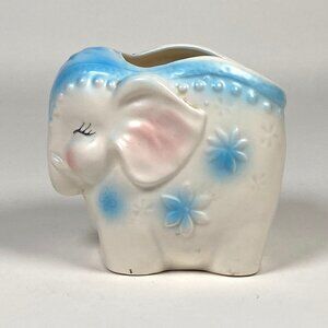 Vintage Narco Elephant Planter E-3350 Ceramic Blue Pink Nursery Baby 3.5" Tall